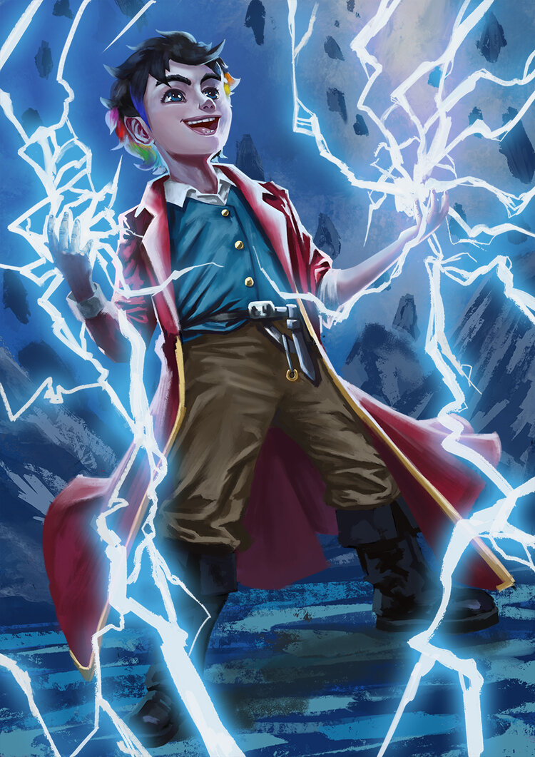 Em um fundo azulado com pedaços de pedras no ar se encontra um Halfling de pele branca, cabelo preto com algumas mechas de diversas cores, suas roupas são um sobretudo vermelho aberto com uma camisa azul de gola branca por baixo, calças marrons e botas pretas. Em suas mãos é possível ver raios saindo descontroladamente