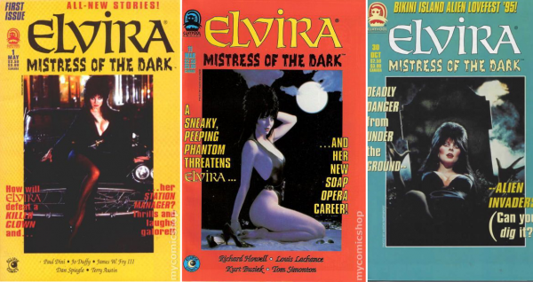Capas de edições da série em quadrinhos de Elvira nos anos 90.