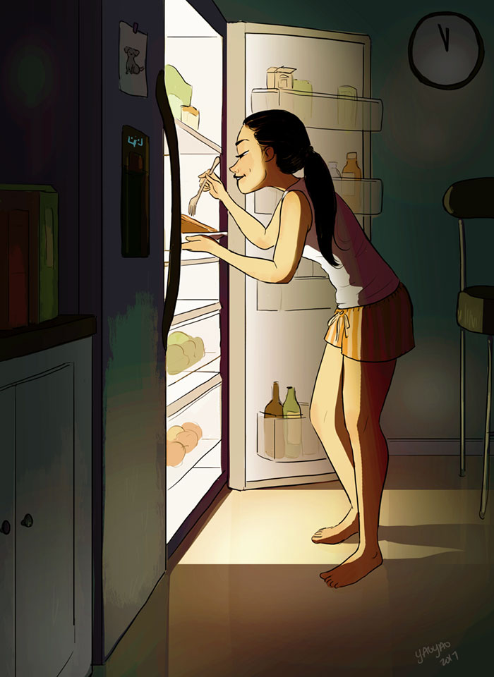 Assaltando a geladeira de madrugada, sem ninguém te julgar