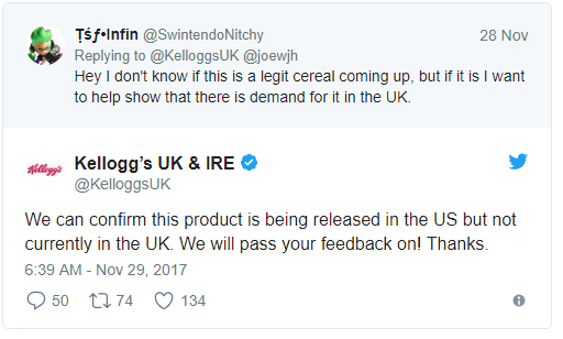 Tweet da Kellogg's respondendo que o cereal realmente será lançado, contudo somente nos EUA (por enquanto né mores)