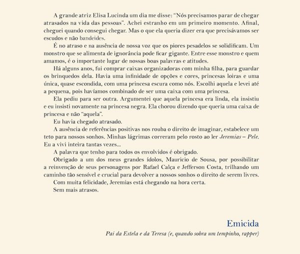 Texto da quarta capa de Jeremias - Pele assinada por Emicida.