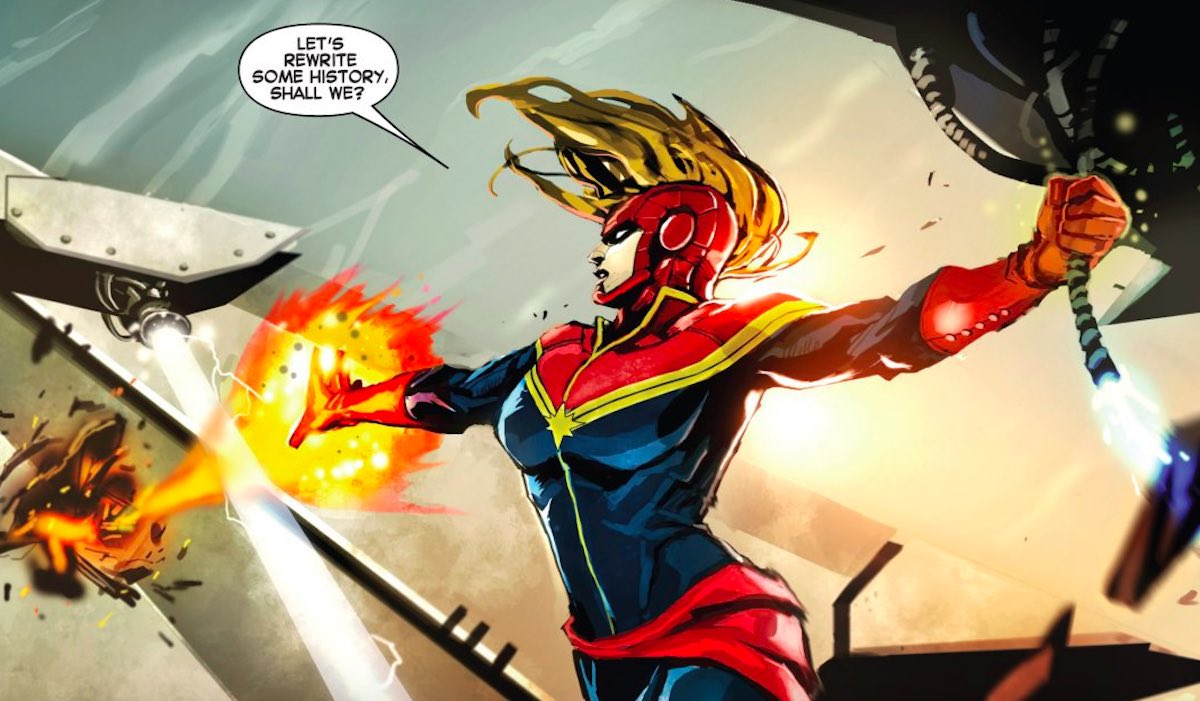 Captain-Marvel-firing-energy-blasts-and-talking-about-changing-history-in-the-comics.