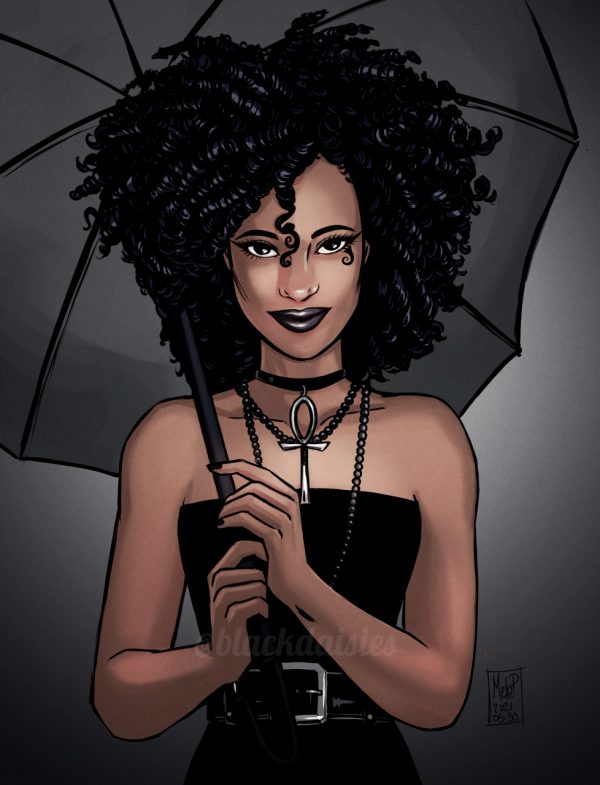 Arte de @blackdaisies da Morte, da HQ Sandman, inspirada na atriz Kirby Howell-Baptiste, que a interpretará a personagem na série da Netflix - Reprodução