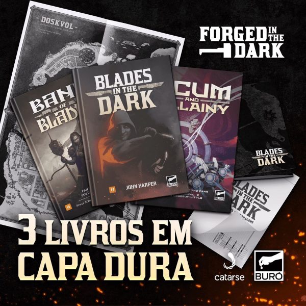 RPG Forged in the dark - três livros em capa dura - divulgação Buró Editora - Catarse